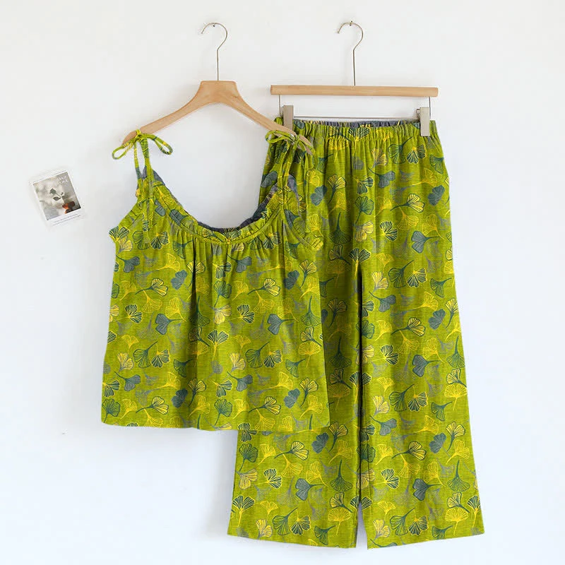 High-Grade Ownkoti Retro Botanical Ginkgo Leaf Cotton Cami Loungewear Set Fine