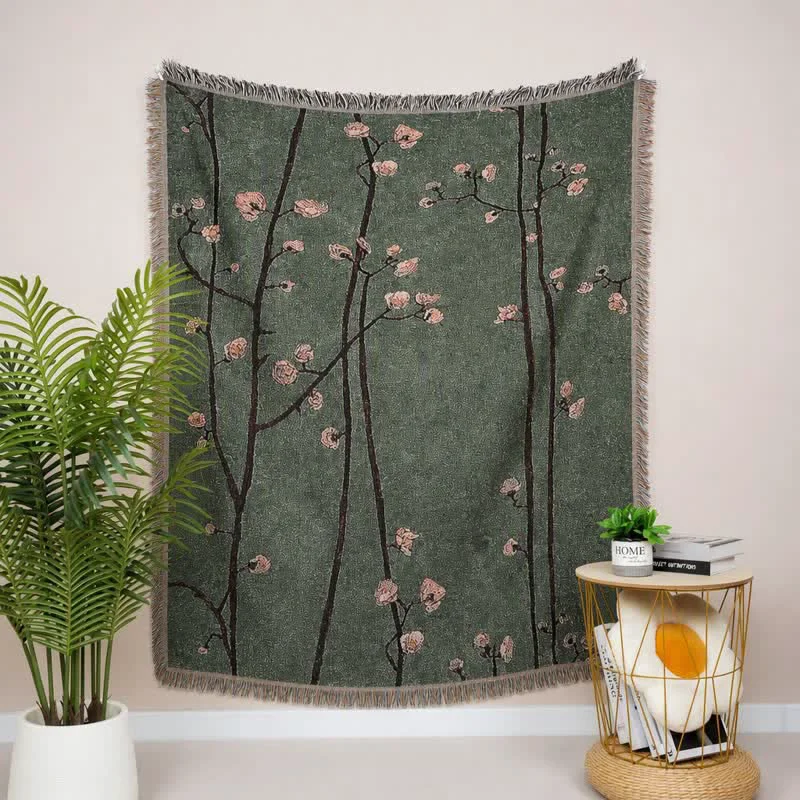 Fine Crafted Ownkoti Vintage Green Plum Blossom Tasseled Decorative Throw Responsible