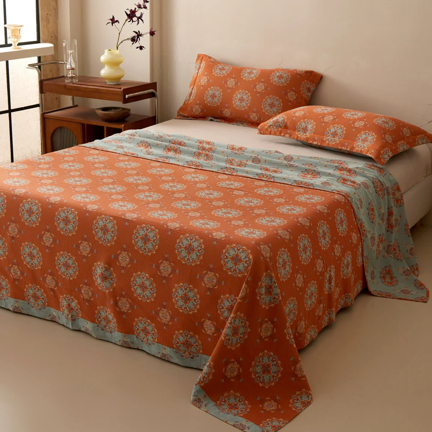 Contemporary Ownkoti Oriental Medallion Floral Muslin Bedspread World-Class
