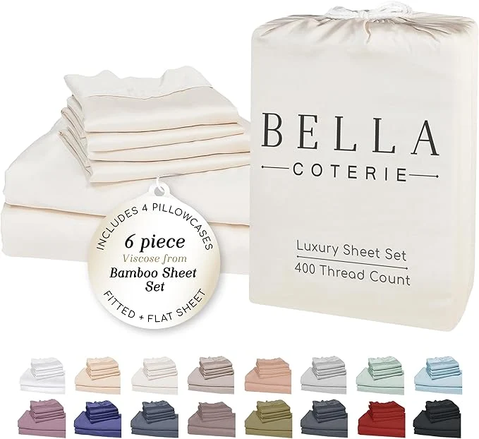 Casual Bella Coterie 6 Piece Luxury Bamboo Viscose Split Top King Size Sheet Set 34 quot Split for Adjustable Beds Organically Grown Cooling 18 Deep Pocket 4 Pillowcases Ivory Recyclable