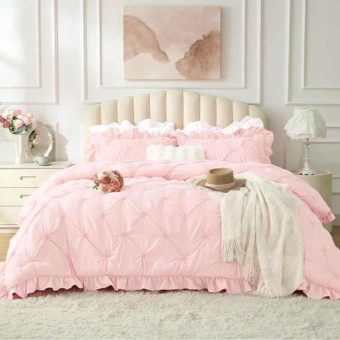 Natural BEDELITE Baby Pink Twin Comforter Set – 2 Peices Boho Ruffle Pintuck Bedding Comforter Sets Lightweight Soft amp Warm Twin Bedding Sets with 1 Pillowcase for All Season Detailed