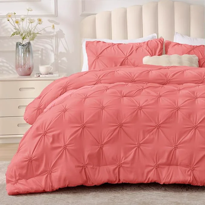 Elegant BEDELITE Coral Twin Comforter Set – 2 Peices Boho Pintuck Bedding Comforter Sets Lightweight Soft amp Warm Twin Bedding Sets with 1 Pillowcase for All Season Genuine