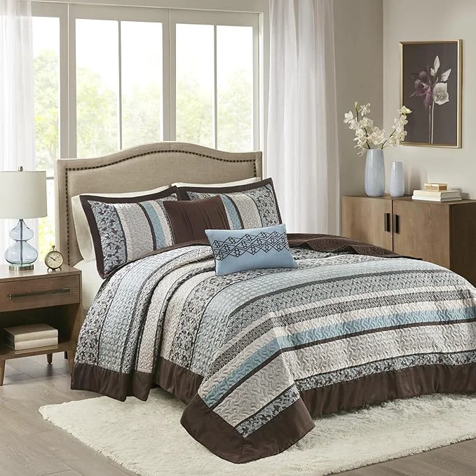 Comfortable Madison Park Princeton Reversible Quilted Bedspread Set Solid Reverse Summer Breathable Lightweight All Season Bedding Layer Matching Shams Bedspread Queen 102 quot x118 quot Blue 5 Piece Verified
