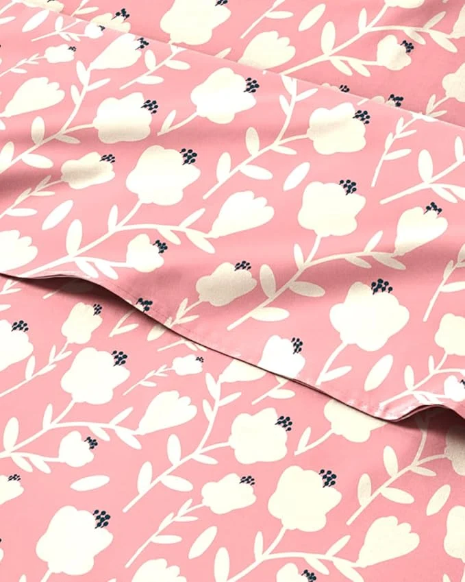 Environmentally Friendly Floral Sheets – Pink amp White Bed Sheet Set – 1 Flat 1 Fitted amp 2 Pillowcases w Deep Pockets – Comfy Wrinkle amp Fade – Boho Botanical Bedding – Soft Breathable and Cooling – Cal King Size Set Natural