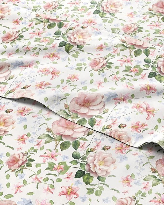 Flexible Floral Sheets – Pink Floral Rose Bed Sheet Set – 1 Flat 1 Fitted amp 2 Pillowcases w Deep Pockets – Comfy Wrinkle amp Fade Boho Botanical Bedding – Ultra-Soft Breathable amp Cooling – King Size New Prestigious