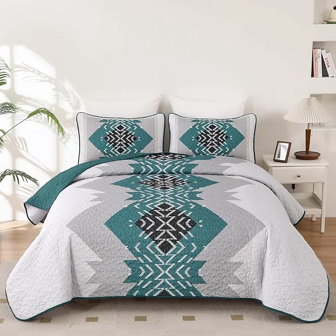 Reliable Dintszyayue Boho Quilt Set King 3 Pieces Teal Aztec Texture Bedspread Coverlet Set with 2 Pillowcases Turquoise Soft Lightweight Microfiber Bohemian Quilt Bedding Set for All Season 90 quot x103 quot User-Friendly