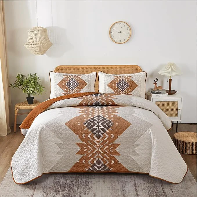 High-End Dintszyayue Burnt Orange Quilt Set Boho California King Size 3 Piece Aztec Texture Bedspread Coverlet Set Soft Lightweight Bedding Set Terracotta Quilt with 2 Pillowcases Terracotta 96 quot x112 quot Advanced