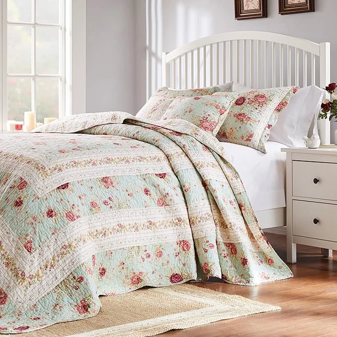 Safe Greenland Home Antique Rose Jumbo Oversized Cotton Bedding Set Bedspread 110 W x 118 L with 2 Shams 20 W x 26 L Each Queen 3 Piece Blue Effective
