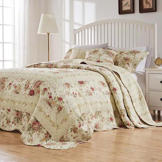 Safe Greenland Home Antique Rose Jumbo Oversized Cotton Bedding Set Bedspread 110 W x 118 L with 2 Shams 20 W x 26 L Each Queen 3 Piece Ecru Stylish