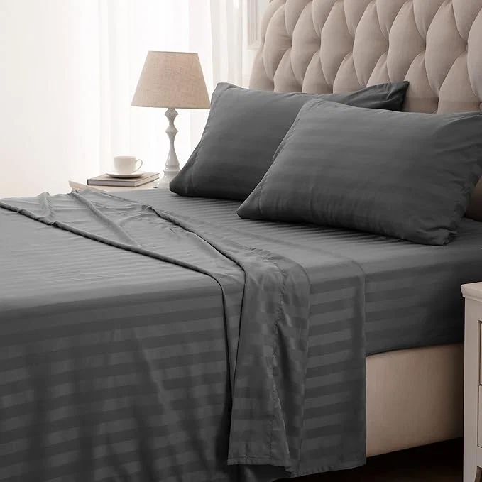 Sophisticated SLEEP ZONE Striped Cooling Sheets Set King Size – Fitted Flat Sheet amp Pillowcase Sets 4 Piece – Super Soft Stripe Bed Sheet Easy Care Deep Pocket Gray King Quality