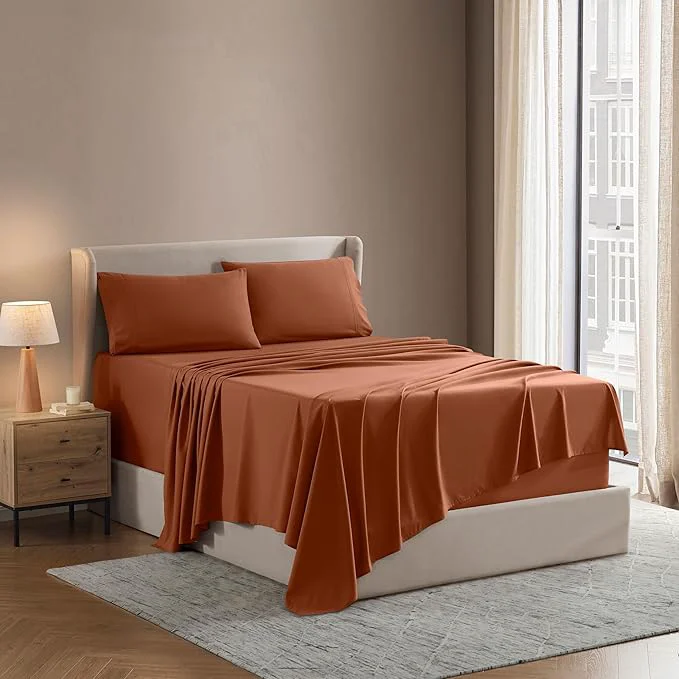 Contemporary Nestl Bed Sheets Set – 4Pc California King Microfiber Ultra Soft Breathable Lightweight Snug Fit Rust Eco-Friendly