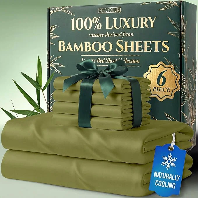 Official DECOLURE Viscose Derived from Bamboo Sheets King Size – Luxury 6 Pc Naturally Cooling Sheets Ultra Soft Bed Set – Deep 17 quot Pockets Durable Double Stitching Oeko Tex Standard Light Olive Advanced