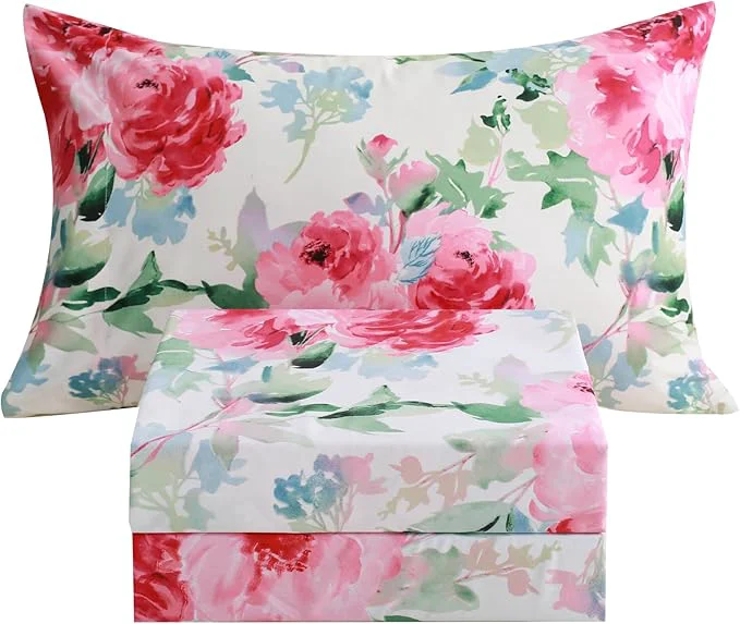 Refined JSD Watercolor Rose Floral Sheet Set Twin Size 3 Piece Soft Printed Microfiber Sheets Extra Deep Pocket Reusable