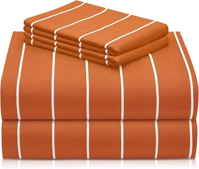 Smart LuxClub 4 PC Sheet Set Bed Sheets Deep Pockets 16 quot Wrinkle Cooling Machine Washable Hotel Bedding Silky Soft – Striped-Autumn Orange California King Reliable