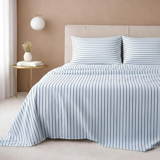 Modern California Design Den Printed Striped Bed Sheets King Size Set – 600 Thread Count Cotton Sateen Premium Deep Pocket King Sheet Set – Classic Blue Stripe Print Easy-to-Use