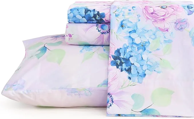 Next-Generation JSD Purple Hydrangea Floral Sheet Set Queen Size 4 Piece Printed Microfiber Bed Sheets Deep Pocket Premium Material