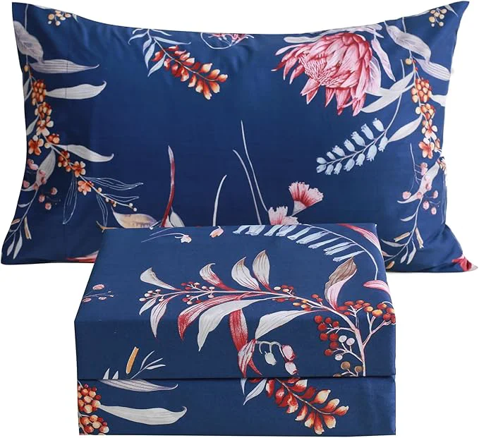 User-Friendly JSD Navy Floral Sheet Set Twin Size 3 Piece Printed Microfiber Sheets Extra Deep Pocket Wrinkle High-Grade
