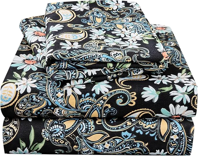 Trusted JSD Black Paisley Floral Printed Sheet Set Full Size 4 Piece Soft Pattern Microfiber Sheets Extra Deep Pocket Elite