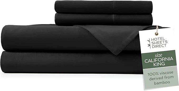 Secure Hotel Sheets Direct 4 Piece Bed Sheet Set California King Size Viscose Derived from Bamboo Sheets Set with 2 Pillowcases Cooling amp Breathable Luxury Bedding Moisture-Wicking Silky Soft Black Elite