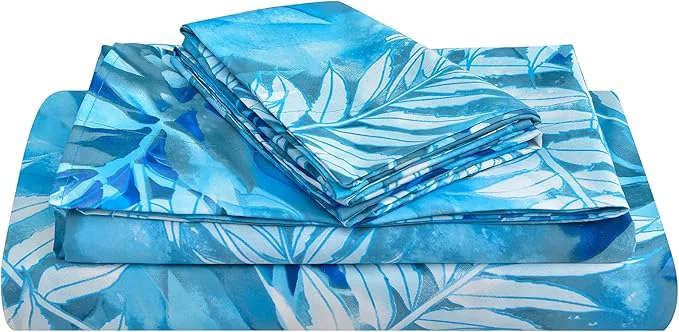 Long-Lasting JSD Teal Blue Tropical Leaves Sheet Set Full Size 4 Piece Printed Microfiber Sheets Extra Deep Pocket Wrinkle Dependable