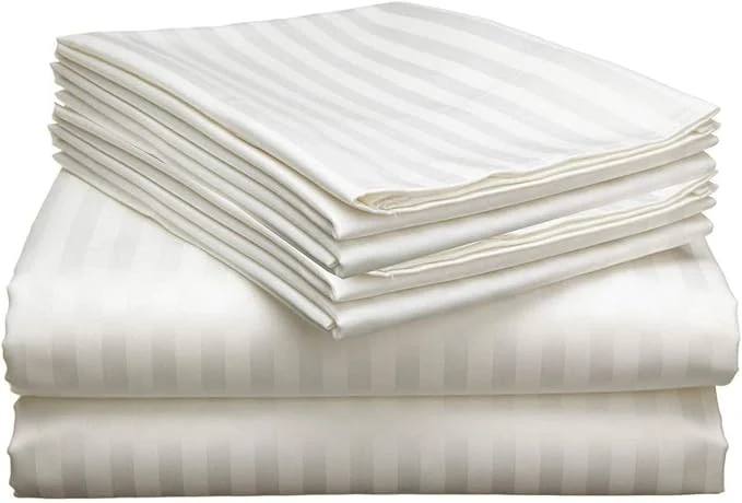 Recyclable Mattress-Homes Ultra-Soft Breathable Hotel Luxury Collection Split King Size 7 Piece Crisp Sheet Set Egyptian Cotton Extra Deep Pocket Upto 21 quot Machine Washable Sheets in Ivory Stripe First-Class