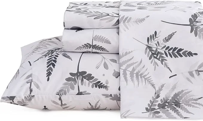 Genuine JSD Boho Floral Sheet Set Queen Size 4 Piece Grey Herbs Ferns Printed Microfiber Bed Sheets Deep Pocket Solid