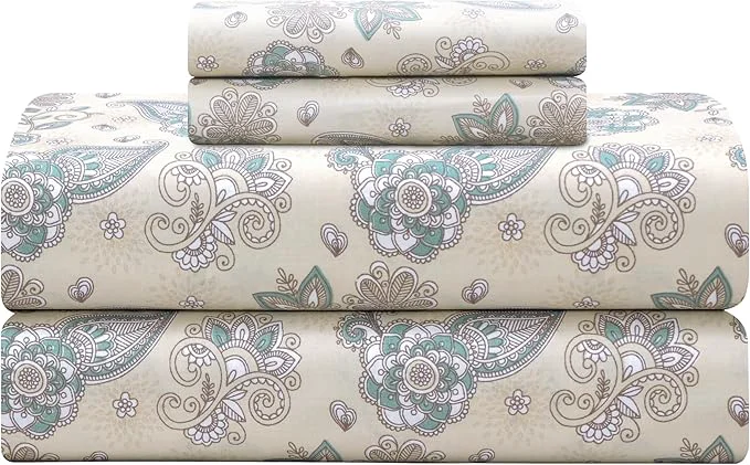 Versatile Feather amp Stitch Softest Cotton Sheets 300 Thread Count Percale Weave Bedding 16 quot Deep Pocket Cooling Sheets Breathable Bed Set Hotel Premium Quality Queen Beige Paisley Advanced