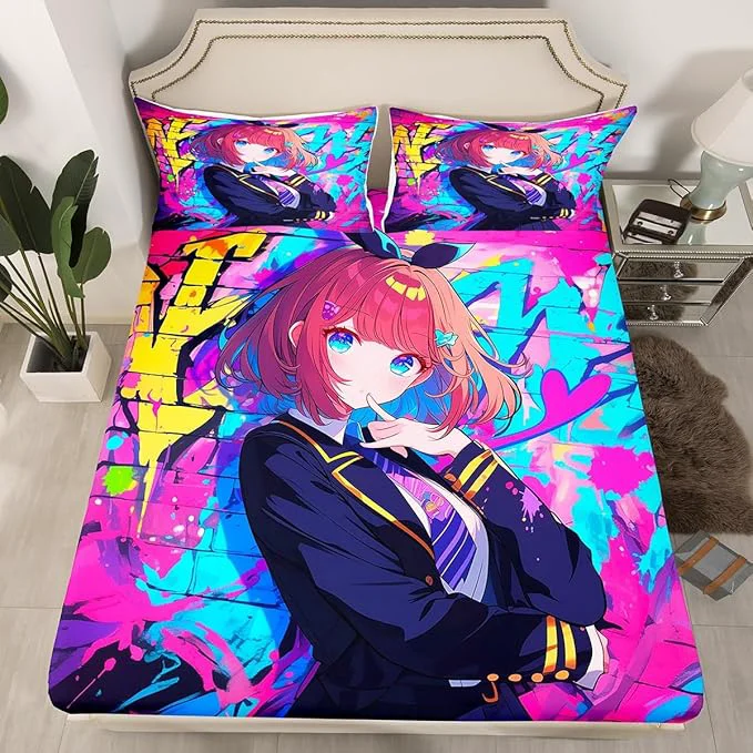 Quality Erosebridal Girls Japanese Anime Bedding Set Queen Kawaii Anime Girl Fitted Sheet Cartoon Girl Bed Sheets for Kids Teens Adult Japanese Animation Sci Fi Style Sheets 2 Pillow Cases Functional
