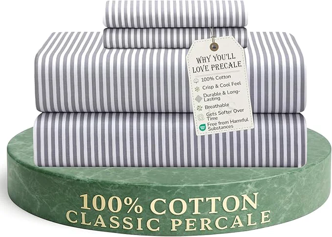 Consistent Feather amp Stitch Softest Cotton Sheets 300 Thread Count Percale Weave Bedding 16 quot Deep Pocket Cooling Sheets Breathable Bed Set Hotel Premium Quality King Grey Stripe Reusable