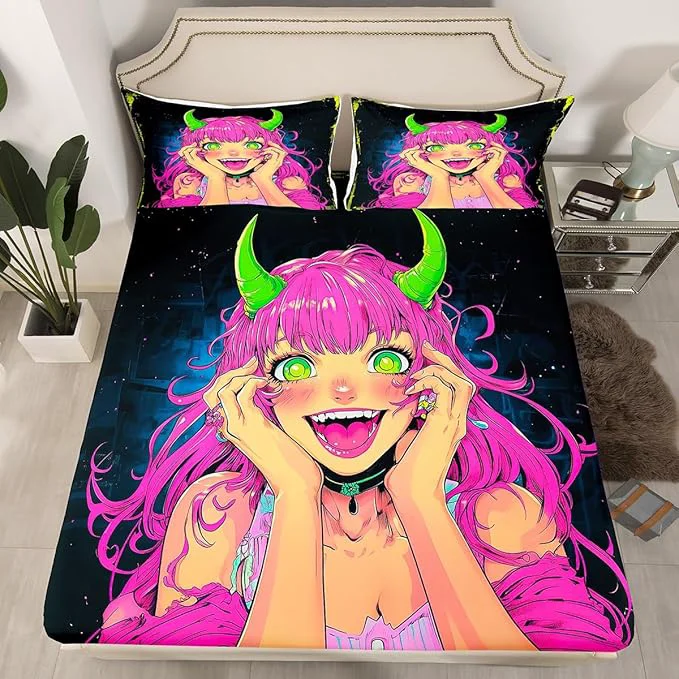 Elegant Erosebridal Anime Girl Bed Sheets Full Size Japanese Anime Fitted Sheet for Kids Boys Teens Bedroom Decor Cartoon Girl Bedding Set Kawaii Japanese Animation Bed Set with 2 Pillow Cases Luxury