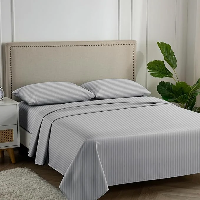 Reusable Carressa Linen Luxury Egyptian Cotton Queen Stripe Sheet Set 600 Thread Count Extra Long Staple 4 PC Set Queen Damask Sheets Soft Cooling Sateen Weave Sheets Upto 18 quot Deep Pocket – Silver Optimized