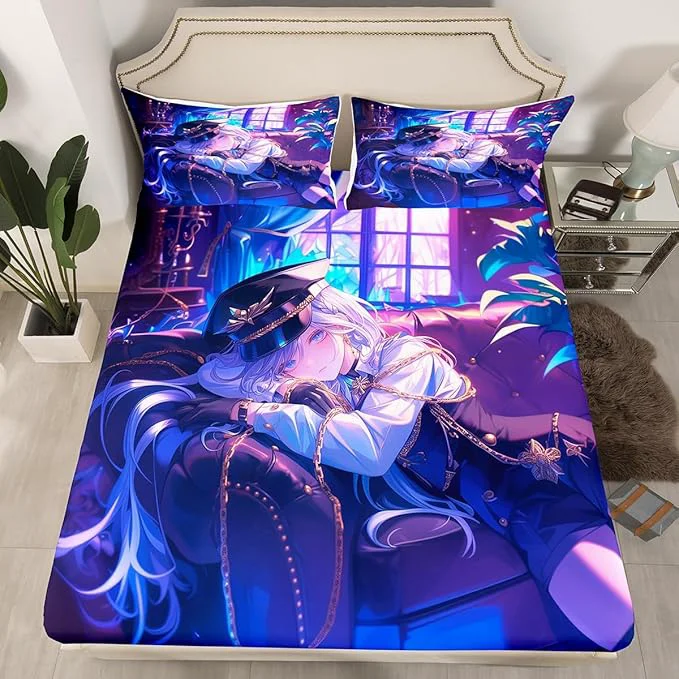 Practical Erosebridal Anime Girl Fitted Sheet Full Size Japanese Anime Bed Sheets for Kids Boys Teens Women Bedroom Decor Cartoon Girl Bedding Set Japanese Animation Kawaii Sheets Purple Elegant