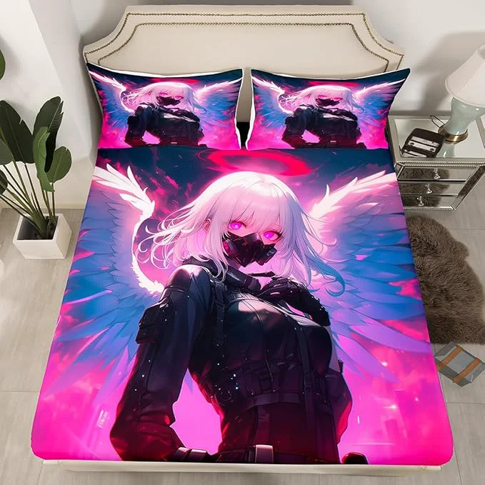 Natural Erosebridal Full Japanese Anime Bedding Set Anime Girl Fitted Sheet for Kids Girls Teens Men Bedroom Cartoon Girl Bed Sheets Kawaii Japanese Animation Sheets 3 Piece with 2 Pillow Cases Safe