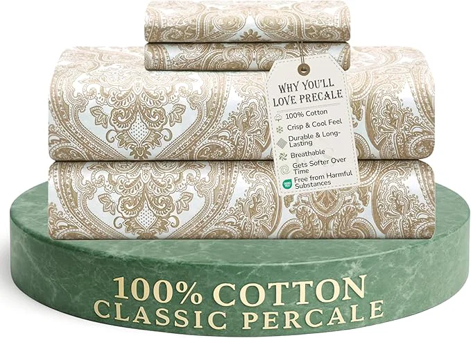 First-Class Feather amp Stitch Softest Cotton Sheets 300 Thread Count Percale Weave Bedding 16 quot Deep Pocket Cooling Sheets Breathable Bed Set Hotel Premium Quality Twin Ivory Paisley Artisan
