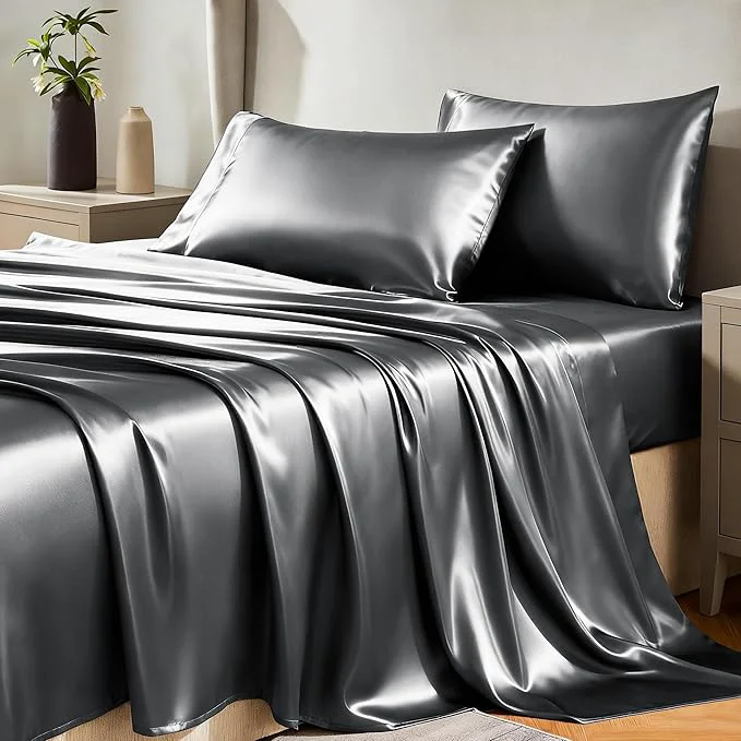 Solid CozyLux Satin Sheets Twin Sheet Set – 3 Piece Silky Twin Bed Sheets Luxury Dark Grey Sheet Twin Size Bed Set with Smooth and Soft Microfiber Includes 1 Fitted Sheet 1 Flat Sheet and 1 Pillowcase Contemporary