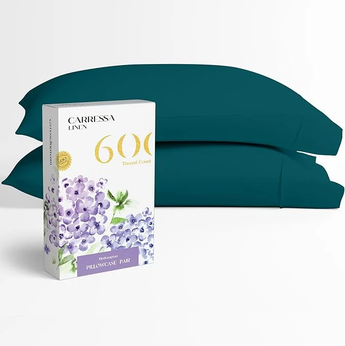 Advanced Carressa Linen Egyptian Cotton Pillow Cases Standard Size Set of 2 – Luxury 600 Thread Count Queen Standard Pillowcases Teal Soft Cooling Extra Long Staple Sateen Weave Hotel Pillow Covers Solid