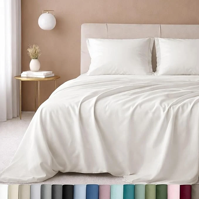 Minimalist California Design Den California King Sheet Set – Cotton Luxuriously Soft 600 Thread Count Sateen Deep Pocket Cal King Sheet Set – True Ivory Original