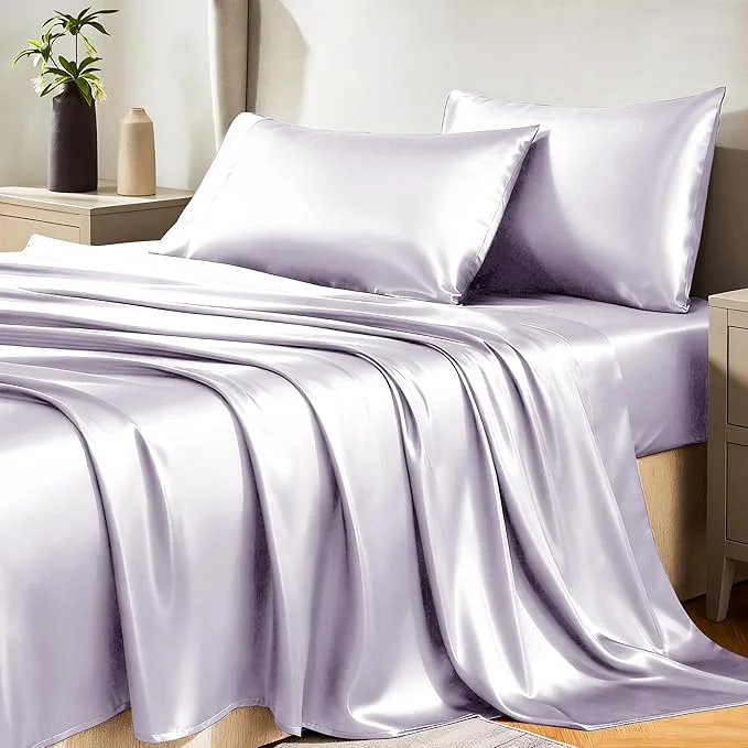 Solid CozyLux Satin Sheets Full Size Sheets – 4 Piece Silky Full Size Bed Sheets Luxury Taro Purple Full Bed Set with Smooth and Soft Microfiber Includes 1 Fitted Sheet 1 Flat Sheet and 2 Pillowcases High-Grade