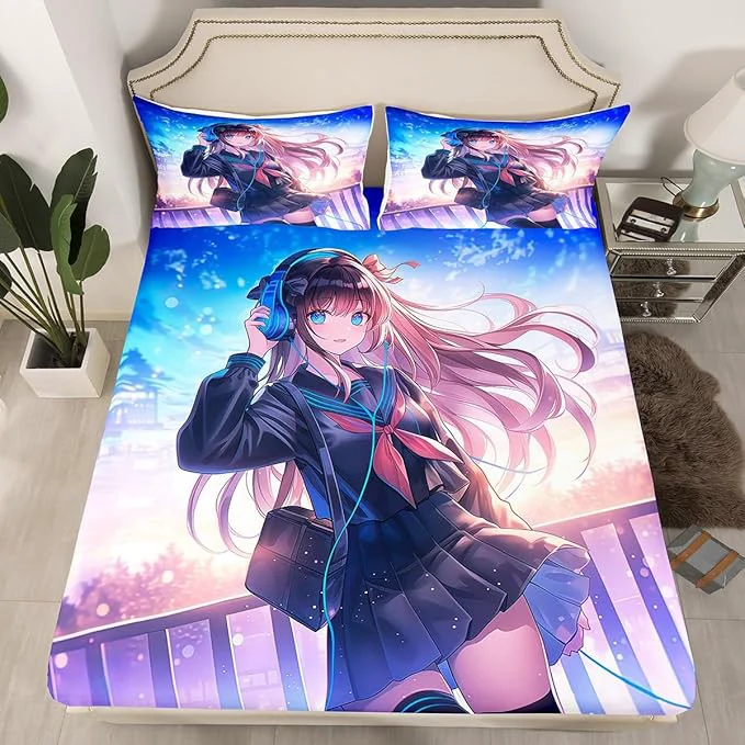 Artisan Erosebridal Anime Girl Fitted Sheet Full Size Japanese Anime Bedding Set for Kids Boys Teens Bedroom Decor Cartoon Girl Bed Sheets Kawaii Japanese Animation Bed Set with 2 Pillow Cases Natural