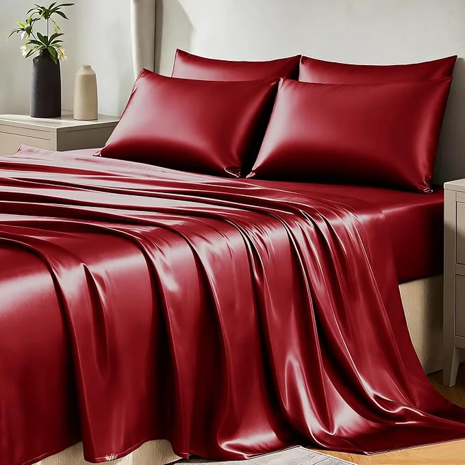 Unique CozyLux Satin Sheets King Size Sheet Set – 6 Piece Silky King Sheets Luxury Burgundy King Bed Set with Smooth and Soft Microfiber Includes 1 Fitted Sheet 1 Flat Sheet and 4 Pillowcases Fast