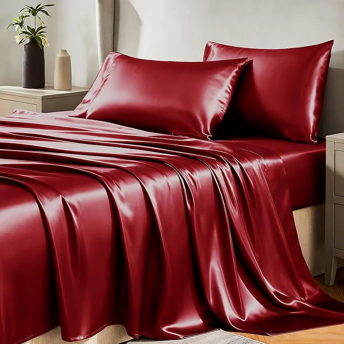 Trusted CozyLux Satin Sheets Queen Size Bed Set – 4 Piece Silky Queen Sheet Set Luxury Burgundy Queen Sheets with Smooth and Soft Microfiber Includes 1 Fitted Sheet 1 Flat Sheet and 2 Pillowcases Fashionable