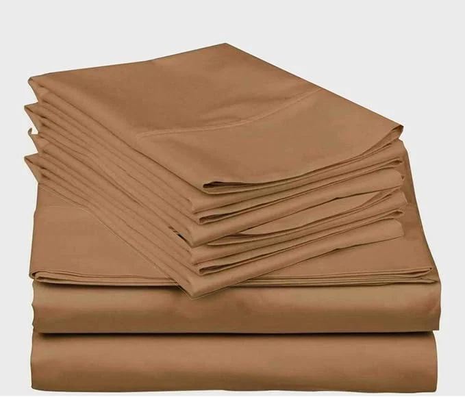 Prestigious Mattress-Homes Premium Collection 7 PC Split Sheet Set Egyptian Cotton Crisp Fits Mattress Up to 18 quot DEEP Pocket King Size Machine Wash Extra-Soft Breathable Sheets in Taupe Solid Smart