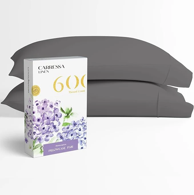 Versatile Carressa Linen Egyptian Cotton King Size Pillow Cases Set of 2 – Luxury 600 Thread Count King Pillowcases Dark Grey Silky Soft Cooling Breathable Sateen Weave Hotel Quality Bed Pillow Cover Organic