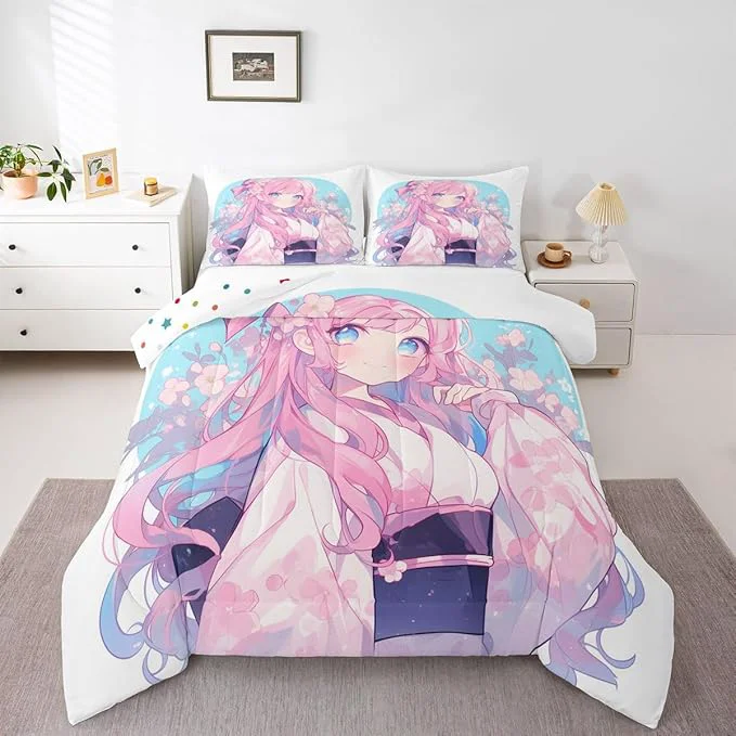 High-Quality Erosebridal Girls Bedding Japanese Style Comforter Set Twin 3D Anime Girl Duvet Insert Cartoon Kawaii Kimono Girl Bedding Comforter Sets Romantic Gifts for Her Premium