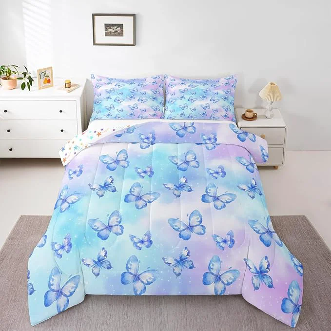 Superior Erosebridal Pink Blue Butterfly Bedding Full Watercolor 3D Printed Comforter Set Purple Colorful Rainbow Bed Sets Fantasy Dreamy Princess Duvet Insert 3 Pieces Official