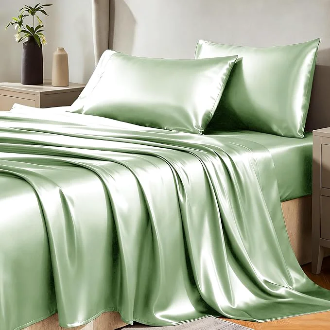 CozyLux Satin Sheets Queen Size Bed Set – 4 Piece Silky Queen Sheet Set Luxury Sage Green Queen Sheets with Smooth and Soft Microfiber Includes 1 Fitted Sheet 1 Flat Sheet and 2 Pillowcases Trusted