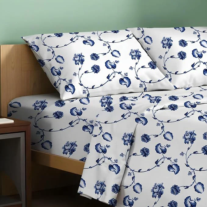 Detailed TEXAS LINEN CO. Organic Cotton Printed Sheets Queen Size – 4 PC Organic Cotton Percale Sheets Queen Set Floral Blue Cooling amp Breathable Sheet 16 quot Deep Pocket Hotel Bedding – GOTS Effective