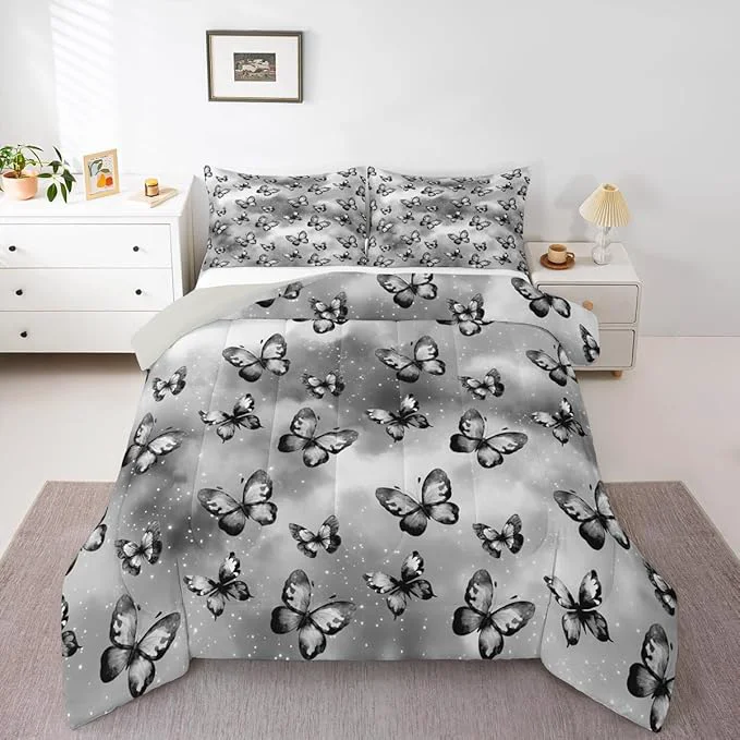 Versatile Erosebridal Butterfly Bedding Sets Queen – Dreamy Coquette Comforter Set for Kids Adults Watercolor Gradient Grey Butterfly Duvet Insert Galaxy Stars Print Quilt Selected