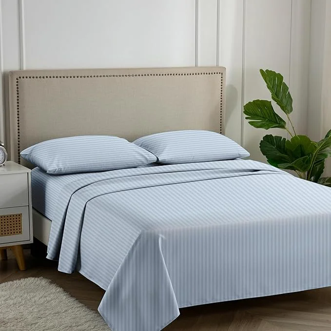 Smart Carressa Linen Luxury Egyptian Cotton California King Stripe Sheet Set 600 Thread Count Extra Long Staple 4 PC Set Cal King Stripe Sheets Soft Cooling Striped Sheets 16 in Deep Pocket – Light Blue Specialty