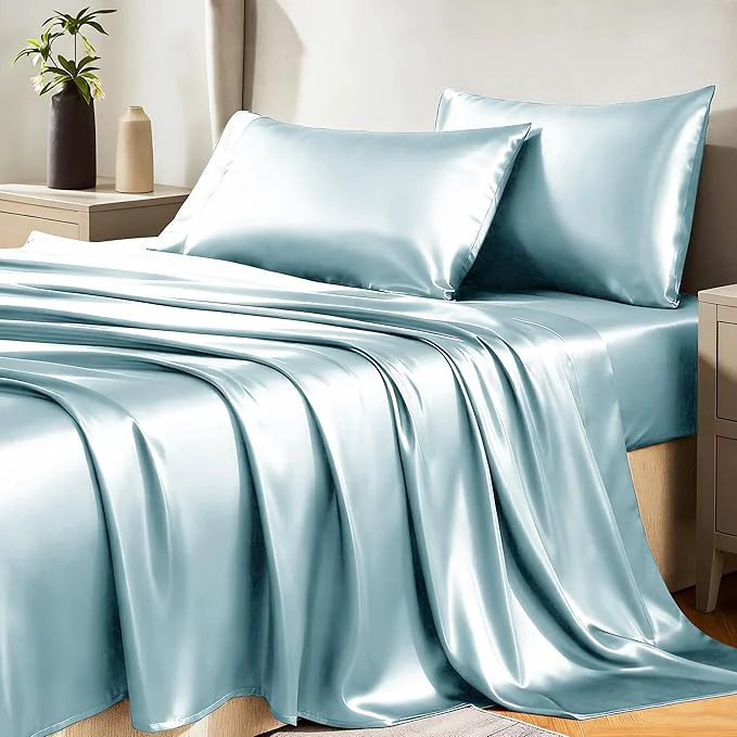 Optimized CozyLux Satin Sheets Queen Size Bed Set – 4 Piece Silky Queen Sheet Set Luxury Light Blue Queen Sheets with Smooth and Soft Microfiber Includes 1 Fitted Sheet 1 Flat Sheet and 2 Pillowcases Outstanding